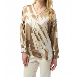 NEW JOSEPH RIBKOFF recycled satin abstract print tunic with zipper detail in bei